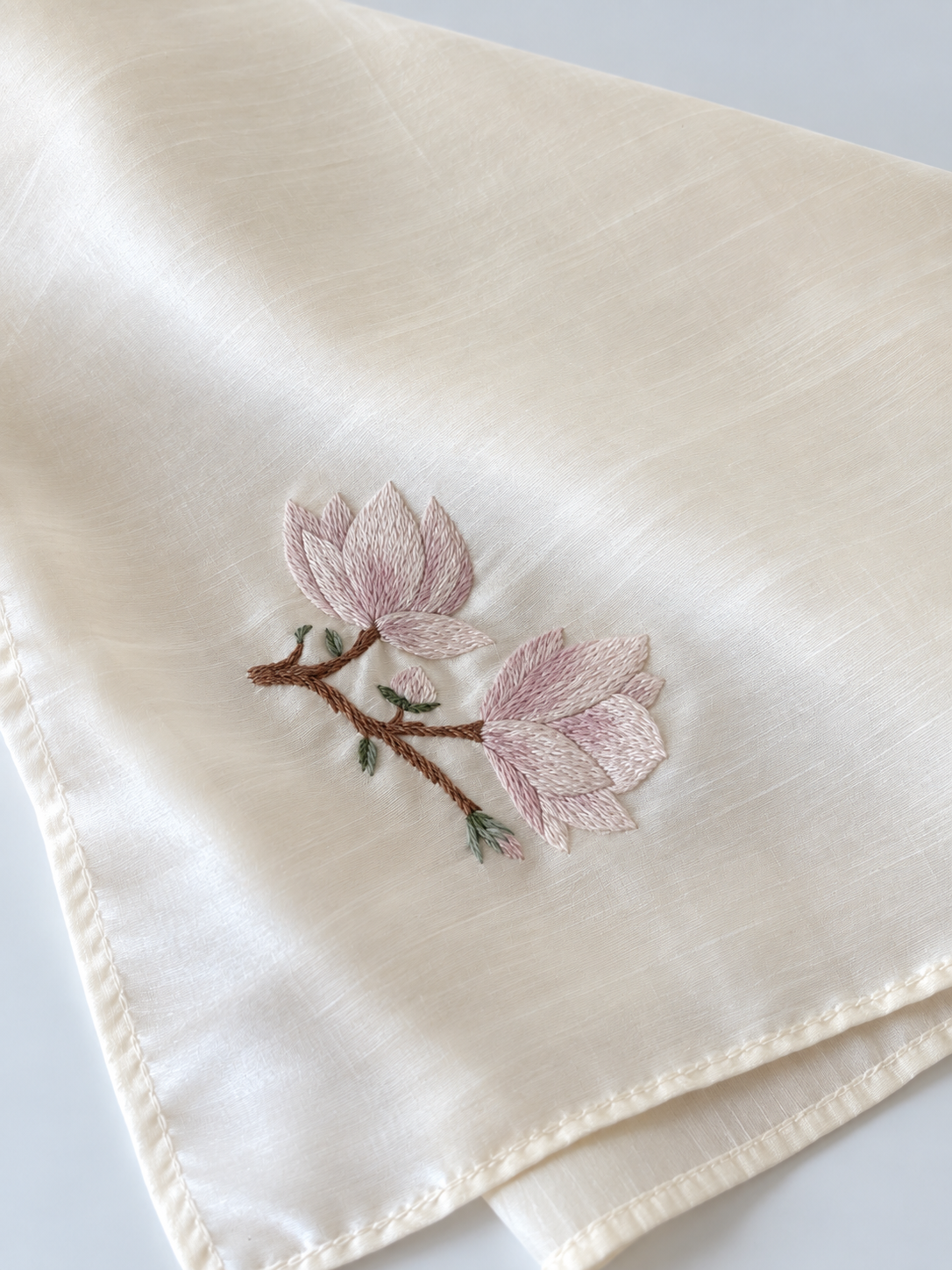 Ivory Silk Scarf with Blush Floral Embroidery